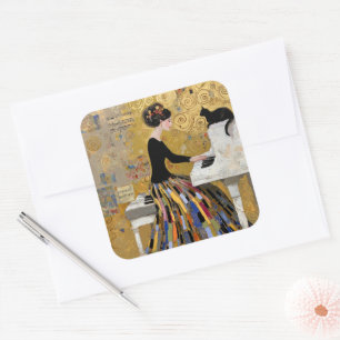 Gold Klimt Klavier Lady mit schwarzer Katze Quadratischer Aufkleber
