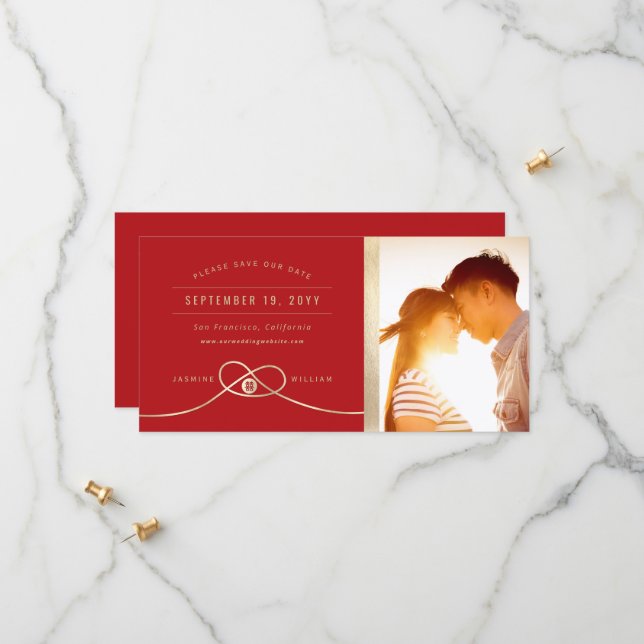 Gold Knot Double Happiness Chinesisches Hochzeitsf Save The Date (Vorderseite/Rückseite Beispiel)