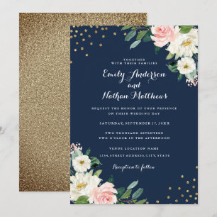 Gold Konfetti Navy Rosa Florale Hochzeit Einladung