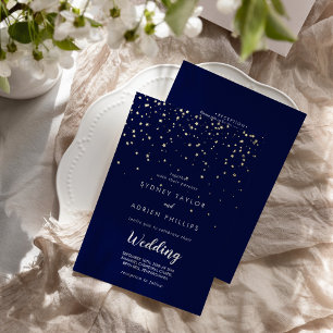 Gold Konfetti Navy Vorder- und Rückseite Hochzeit Folieneinladung