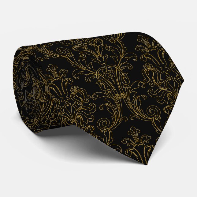 Gold Kontur Floral Damask Formal Black Krawatte (Gerollt)