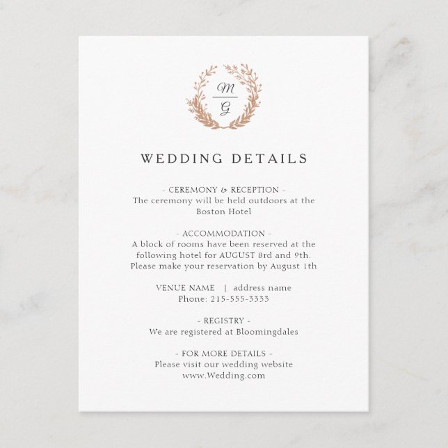 Gold Kranz mit einem Monogramm. Angaben zur Hochze Begleitkarte (Vorderseite)