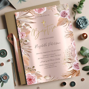 Gold Kreuz Pampas Gras Boho Blumen Taufe Einladung