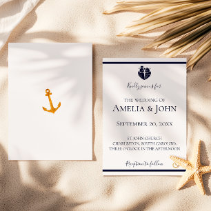 Gold Küstenweiß Marineblau Nautische Hochzeit Einladung
