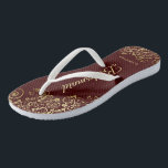 Gold Lace Auburn Brown Bridesmaid Wedding Flip Flops<br><div class="desc">Diese eleganten Hochzeitskippen sind eine großartige Möglichkeit, um Ihren Brautmädchen zu danken und sie zu erkennen und ihnen nach einem langen Tag eine Erholung zu geben. Das schöne Design zeichnet sich durch ein elegantes Design mit goldfarbenen Spitzen-Frills auf einem schokoladenbraunen oder auburn-farbenen Hintergrund und extravagant goldfarbenen Schriftzeichen aus. Der Text...</div>