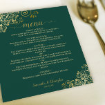 Gold Lace auf Emerald Green Budget Wedding Menu<br><div class="desc">Diese wunderschönen Hochzeitsmenüs sind einfach,  elegant und stilvoll,  aber dennoch preisgünstig. Sie zeichnen sich durch ein elegantes und glamouröses Design aus,  das mit goldenen Imitate-Folienspitzen und Skriptkalligraphie auf smaragdgrünem Hintergrund besticht. Die Rückseite ist eine schöne goldfarbene Marmorfarbe.</div>