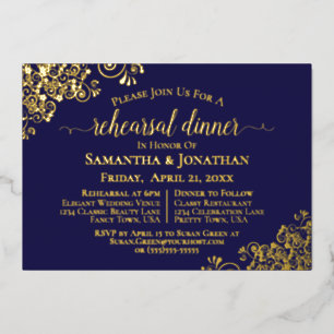 Gold Lace auf Navy Blue Wedding Probe Dinner Folieneinladung
