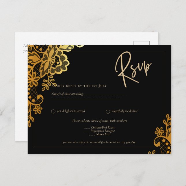 GOLD LACE Black All-in1 Wedding INVITE QR Code Postkarte (Vorne/Hinten)