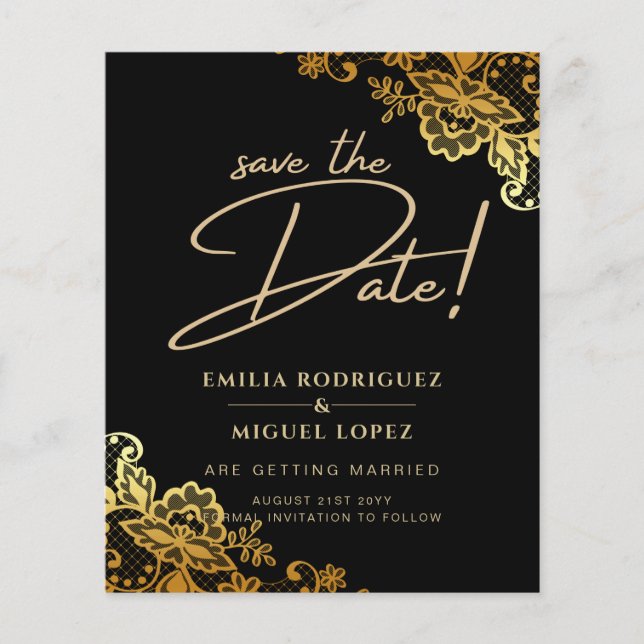 GOLD LACE Black All-in1 Wedding Save the Date Flyer (Vorne)