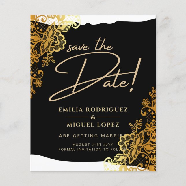 GOLD LACE Black All-in1 Wedding Save the Date Flyer (Vorne)