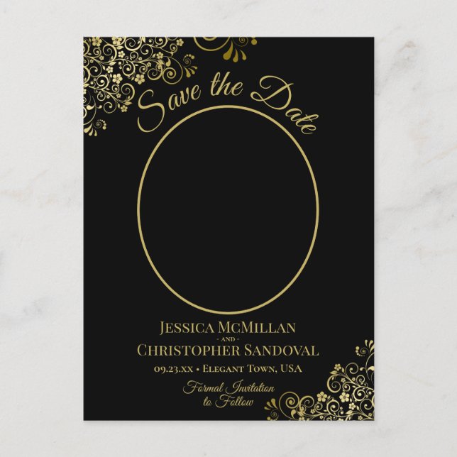 Gold Lace Black Wedding Save the Date Oval Foto Ankündigungspostkarte (Vorderseite)