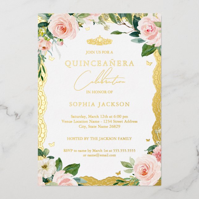 Gold Lace Blush Pink Floral Quinceanera Folieneinladung (Vorderseite)