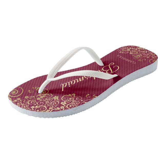 Gold Lace Burgundy Maroon Bridesmaid Wedding Flip Flops (Schrägansicht)
