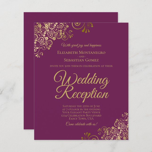 Gold Lace Cassis Wedding Reception BUDGET Einladun (Vorne/Hinten)