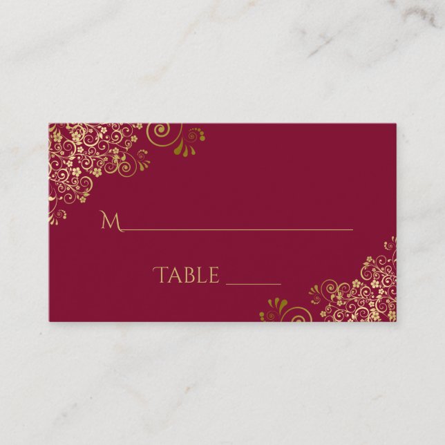 Gold Lace Elegant Burgundy Wedding Escort Card Platzkarte (Vorderseite)