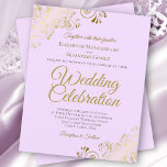 Gold Lace Elegant Lilac BUDGET Wedding Invitation<br><div class="desc">These affordable, budget friendly wedding invitations are the perfect choice for class, style, and beauty on a budget. The design features a lilac, lavender, or light purple colored background with ornate golden curls and swirls in the corners. The typography includes fancy script lettering for a style that is at once...</div>