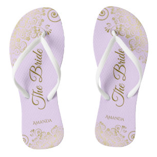Gold Lace Elegant Lilac Lila Bridesmaid Wedding Flip Flops