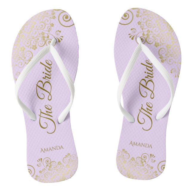 Gold Lace Elegant Lilac Lila Bridesmaid Wedding Flip Flops (Fußbett)