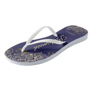 Gold Lace Elegant Navy Blue Bridesmaid Hochzeit Flip Flops