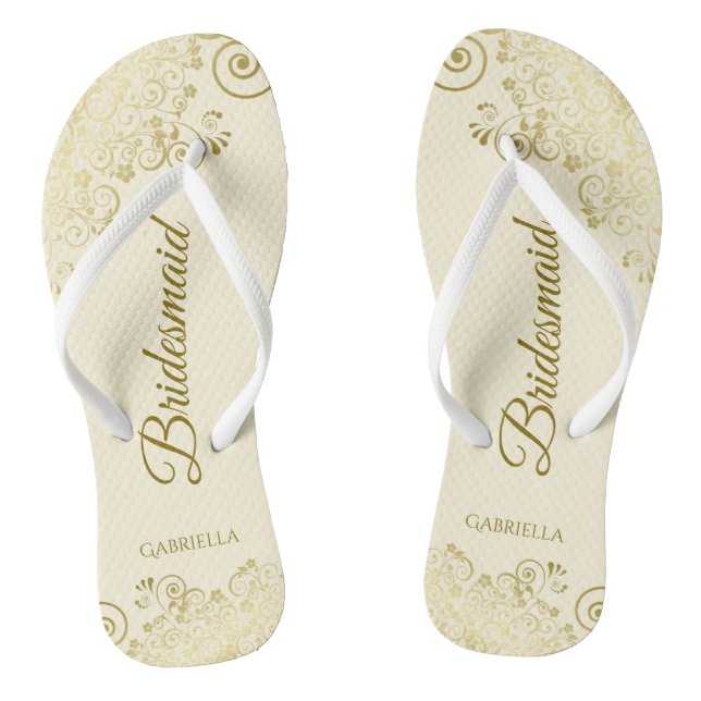 Gold Lace Elegante Ivory Cream Bridesmaid Wedding Flip Flops (Fußbett)
