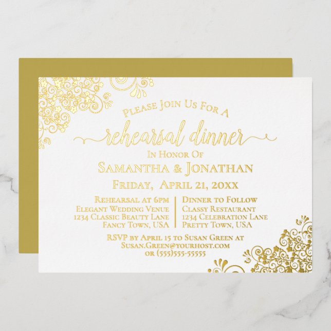 Gold Lace Elegante White Wedding Probe Dinner Folieneinladung (Vorderseite/Rückseite)