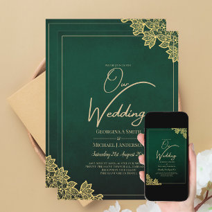 Gold Lace Emerald Green All-in-1 Wedding Einladung