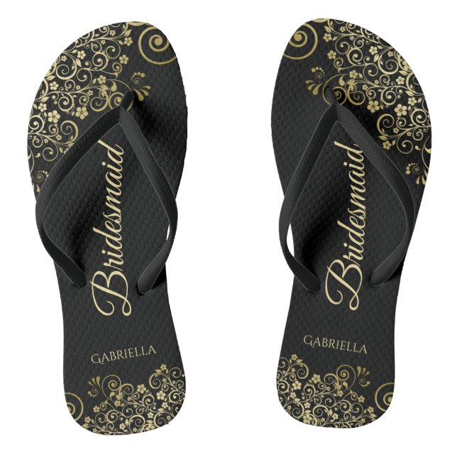 Gold Lace Frills Elegante Black Bridesmaid Wedding Flip Flops (Fußbett)