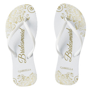 Gold Lace Frills Elegante White Bridesmaid Wedding Flip Flops
