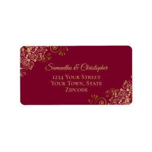 Gold Lace Frills Maroon Burgundy Wedding Address Adressaufkleber