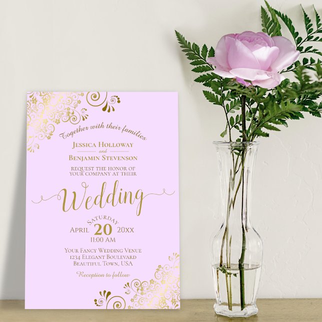 Gold Lace Lilac Lila Elegante Calligrafy Wedding Einladung (Von Creator hochgeladen)