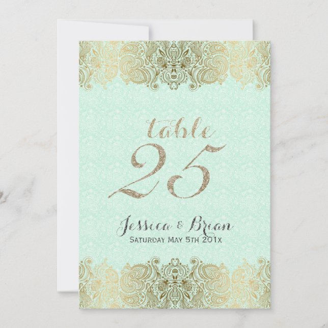 Gold Lace & Mint Green Wedding Tischnummer (Vorderseite)