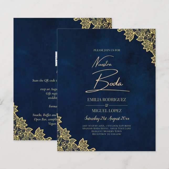 Gold Lace Navy Blue All-in-1 Wedding lädt QR Co. (Vorne/Hinten)