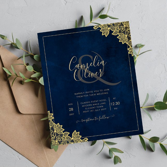 Gold Lace Navy Blue All-in-1 Wedding lädt QR Co. (Von Creator hochgeladen)