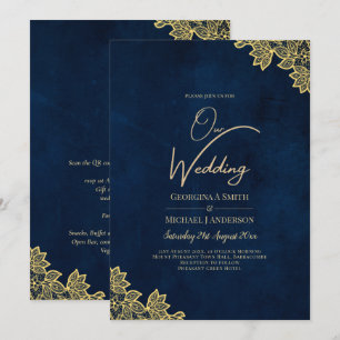 Gold Lace Navy Blue All-in-1 Wedding lädt QR Co. Einladung