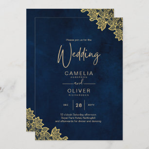 Gold Lace Navy Blue All-in-1 Wedding lädt QR Co. Einladung