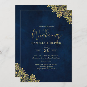 Gold Lace Navy Blue All-in-1 Wedding lädt QR Co. Einladung