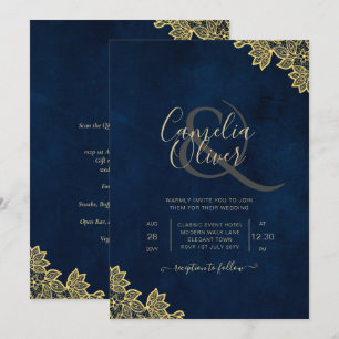 Gold Lace Navy Blue All-in-1 Wedding lädt QR Co. Einladung
