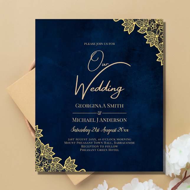 Gold Lace Navy Blue All-in-1 Wedding lädt QR Co. Flyer (Von Creator hochgeladen)