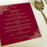 Gold Lace on Burgundy Maroon Budget Wedding Menu<br><div class="desc">Diese wunderschönen Hochzeitsmenüs sind einfach,  elegant und stilvoll,  aber dennoch preisgünstig. Sie zeichnen sich durch ein elegantes und glamouröses Design aus,  das mit goldenen Imitate-Folienspitzen und Script-Kalligraphie auf einem maronen oder bordeauxroten Hintergrund ausgestattet ist. Die Rückseite ist eine schöne goldfarbene Marmorfarbe.</div>