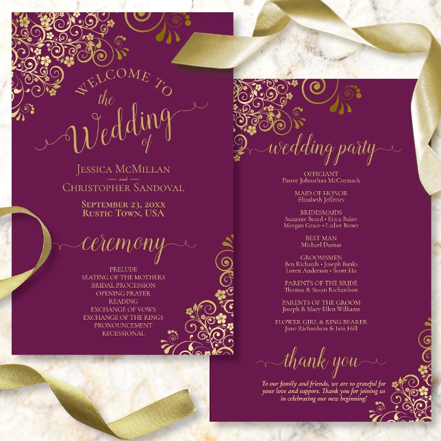 Gold Lace on Cassis Lila Budget Wedding Program (Von Creator hochgeladen)