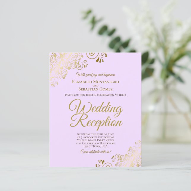 Gold Lace on Lilac Wedding Reception BUDGET Einlad (Stehend Vorderseite)