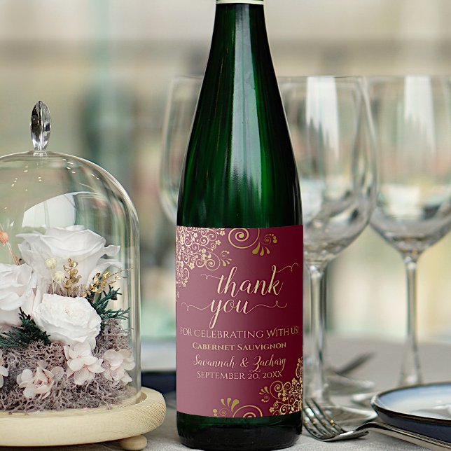 Gold Lace on Maroon Burgundy Wedding Vielen Dank Weinetikett (Von Creator hochgeladen)