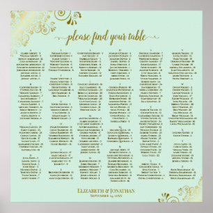 Gold Lace on Mint Green Alphabetical Seating Chart Poster