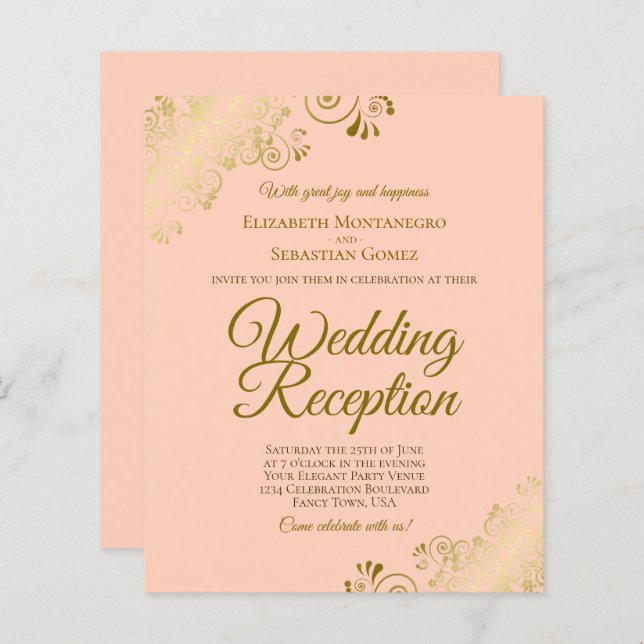 Gold Lace on Peach Wedding Reception BUDGET Einlad (Vorne/Hinten)