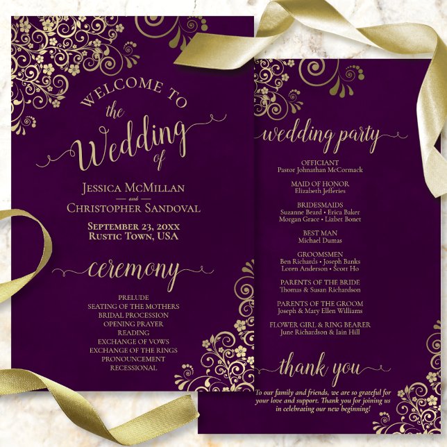 Gold Lace on Plum Lila Budget Wedding Program (Front and Back)