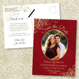 Gold Lace on Red Wedding Save the Date Oval Foto Ankündigungspostkarte