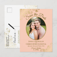 Gold Lace & Peach Wedding Save the Date Oval Foto