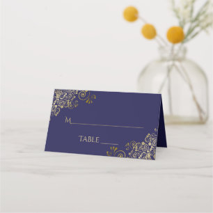 Gold Lacy Filigree über Blue Wedding Write-In Platzkarte