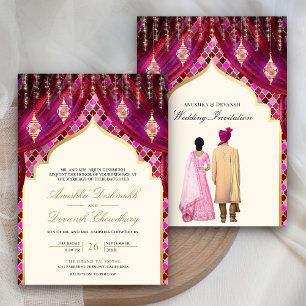 Gold Lanterns Magenta Pink Indian Couple Wedding Einladung