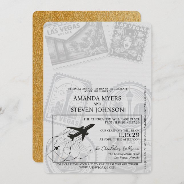 Gold Las Vegas Passport Wedding Einladung (Vorne/Hinten)